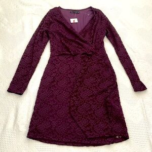 Abercrombie & Fitch Faux Wrap Dress Lace Overlay Long Sleeve Plum Purple Small